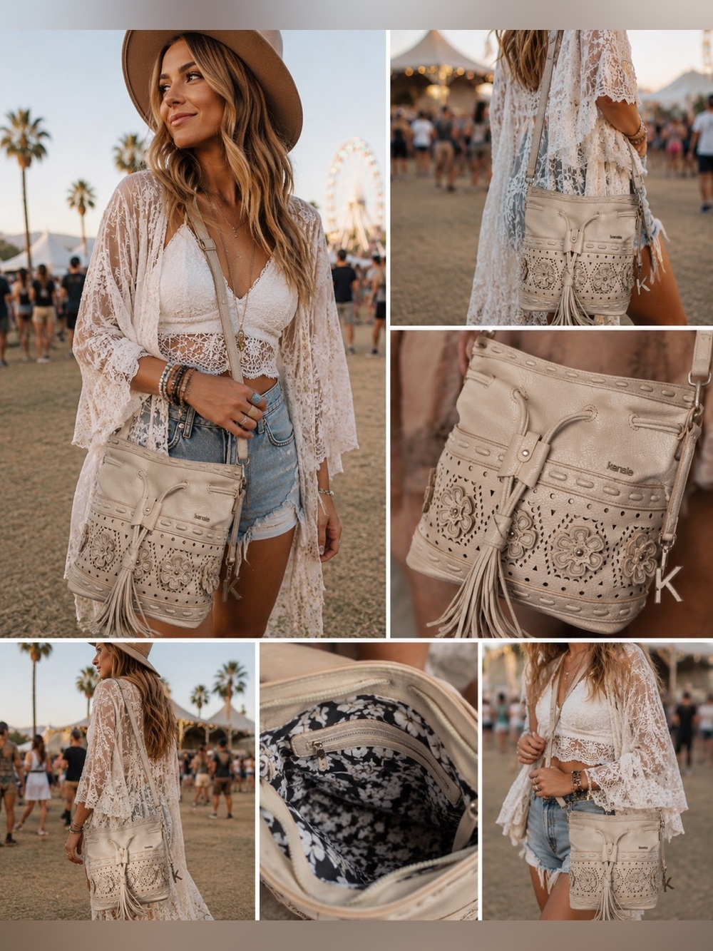 Kensie Cream Laser Cut Floral Bucket Bag | Vegan Leather Tassel Crossbody Purse